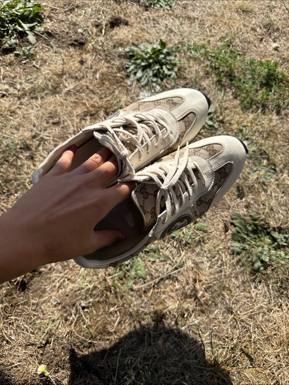 Gucci Beige Monogram Lace-Up Sneakers